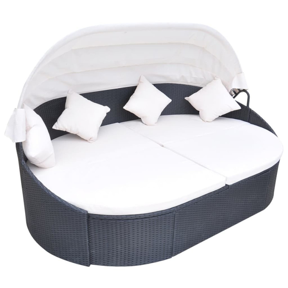 vidaXL Loungebed met luifel poly rattan zwart afbeelding 1