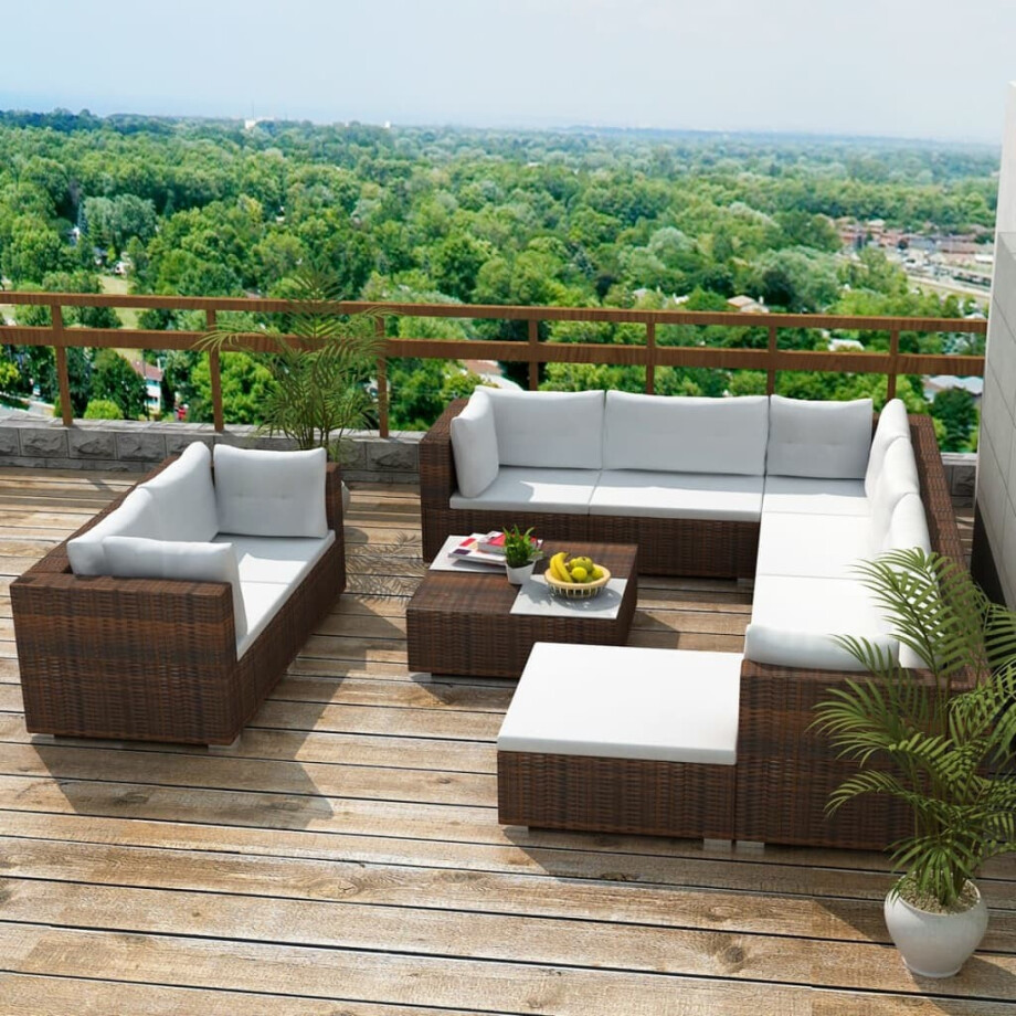 vidaXL 10-delige Loungeset met kussens poly rattan bruin afbeelding 1