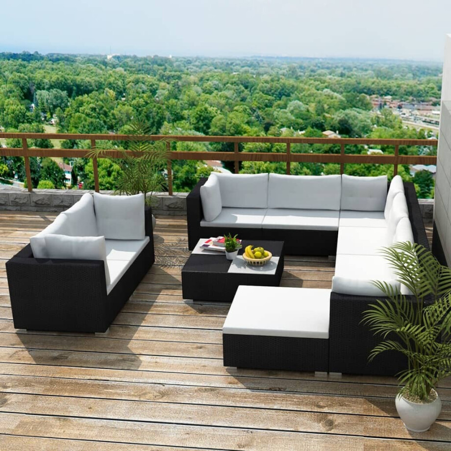 vidaXL 10-delige Loungeset met kussens poly rattan zwart vidaXL 10-delige Loungeset met kussens poly rattan zwart afbeelding 1