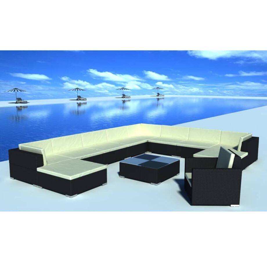 vidaXL 12-delige Loungeset met kussens poly rattan zwart afbeelding 1