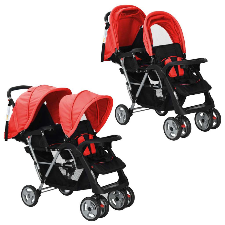 vidaXL Kinderwagen dubbel staal rood en zwart afbeelding 1