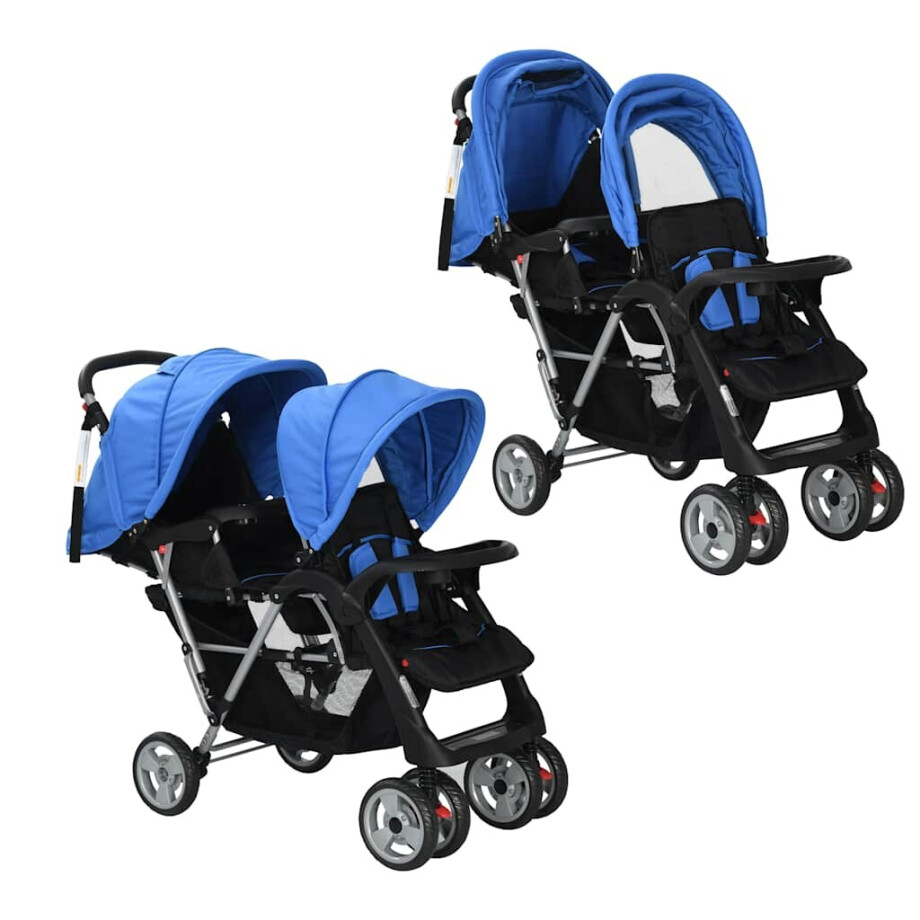 vidaXL Kinderwagen dubbel staal blauw en zwart afbeelding 1