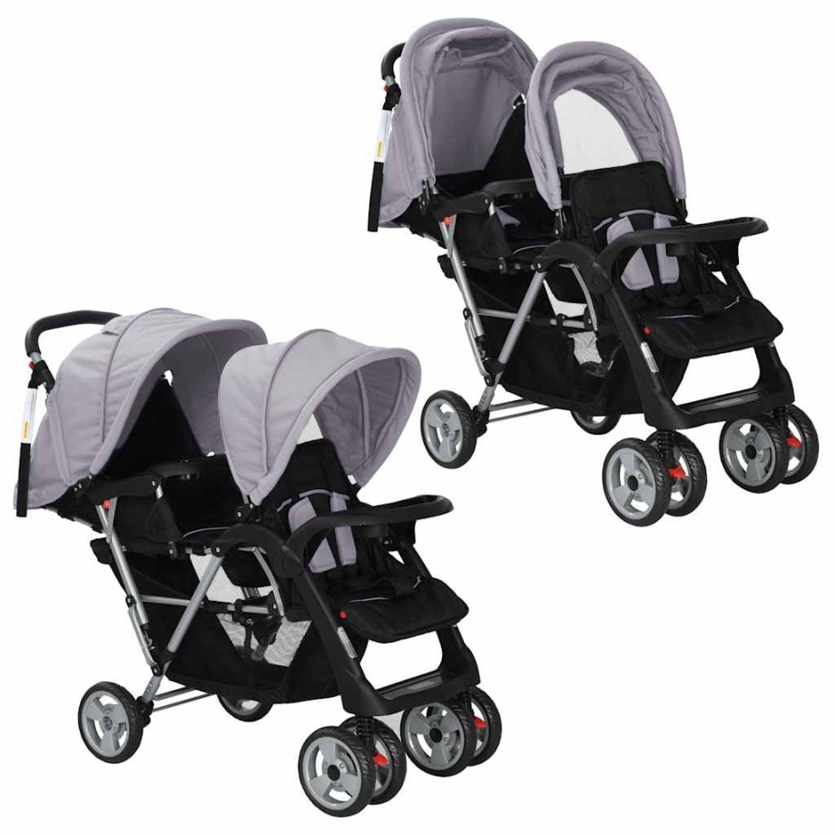 vidaXL Kinderwagen dubbel staal grijs en zwart afbeelding 1