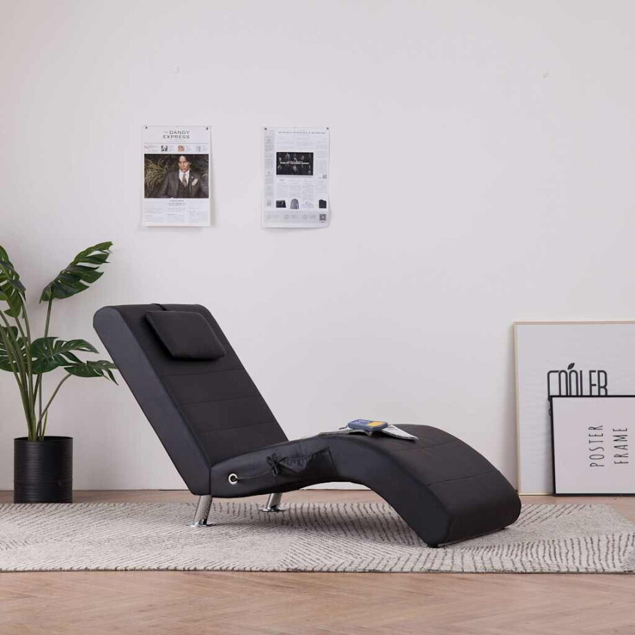 vidaXL Massage chaise longue met kussen kunstleer zwart afbeelding 1