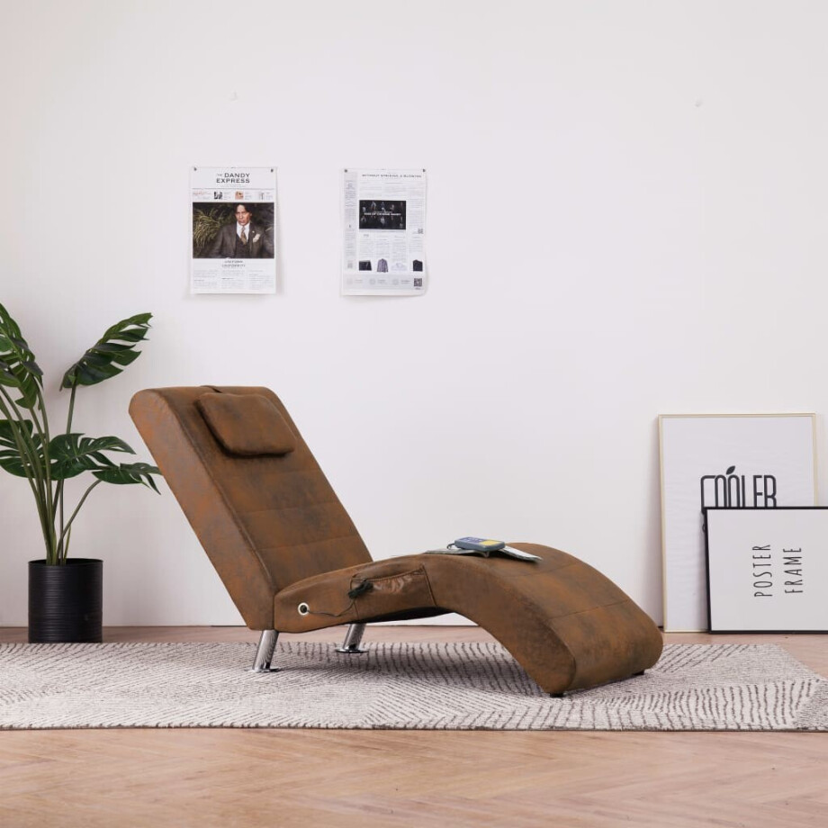 vidaXL Massage chaise longue met kussen kunstsuède bruin afbeelding 1