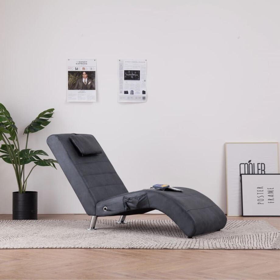 vidaXL Massage chaise longue met kussen kunstsuède grijs afbeelding 1