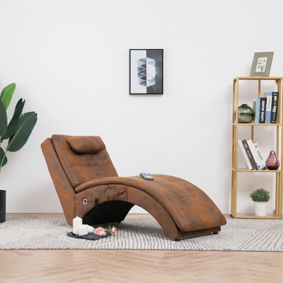vidaXL Massage chaise longue met kussen kunstsuède bruin vidaXL Massage chaise longue met kussen kunstsuède bruin afbeelding 1