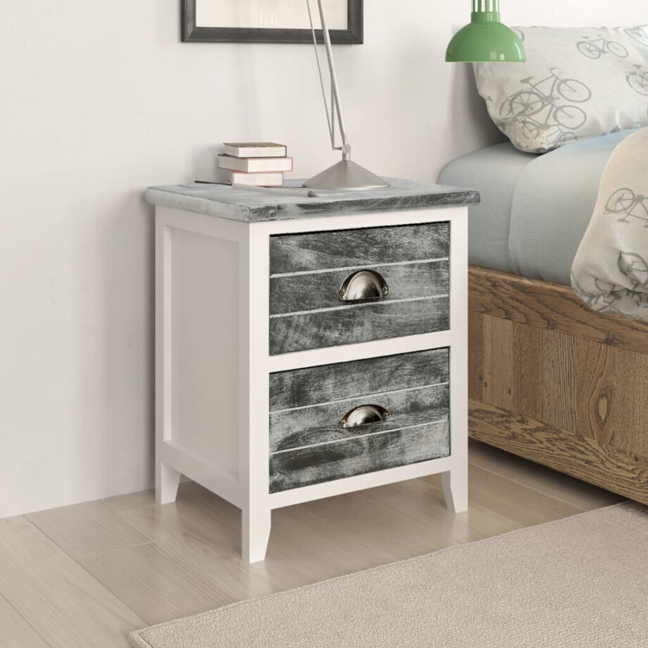 vidaXL Nachtkastje 38x28x45 cm paulowniahout grijs en wit afbeelding 1