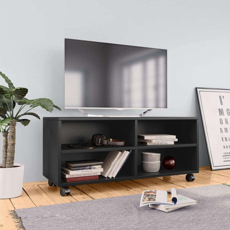 vidaXL Tv-meubel met wieltjes 90x35x35 cm bewerkt hout zwart vidaXL Tv-meubel met wieltjes 90x35x35 cm bewerkt hout zwart afbeelding 1
