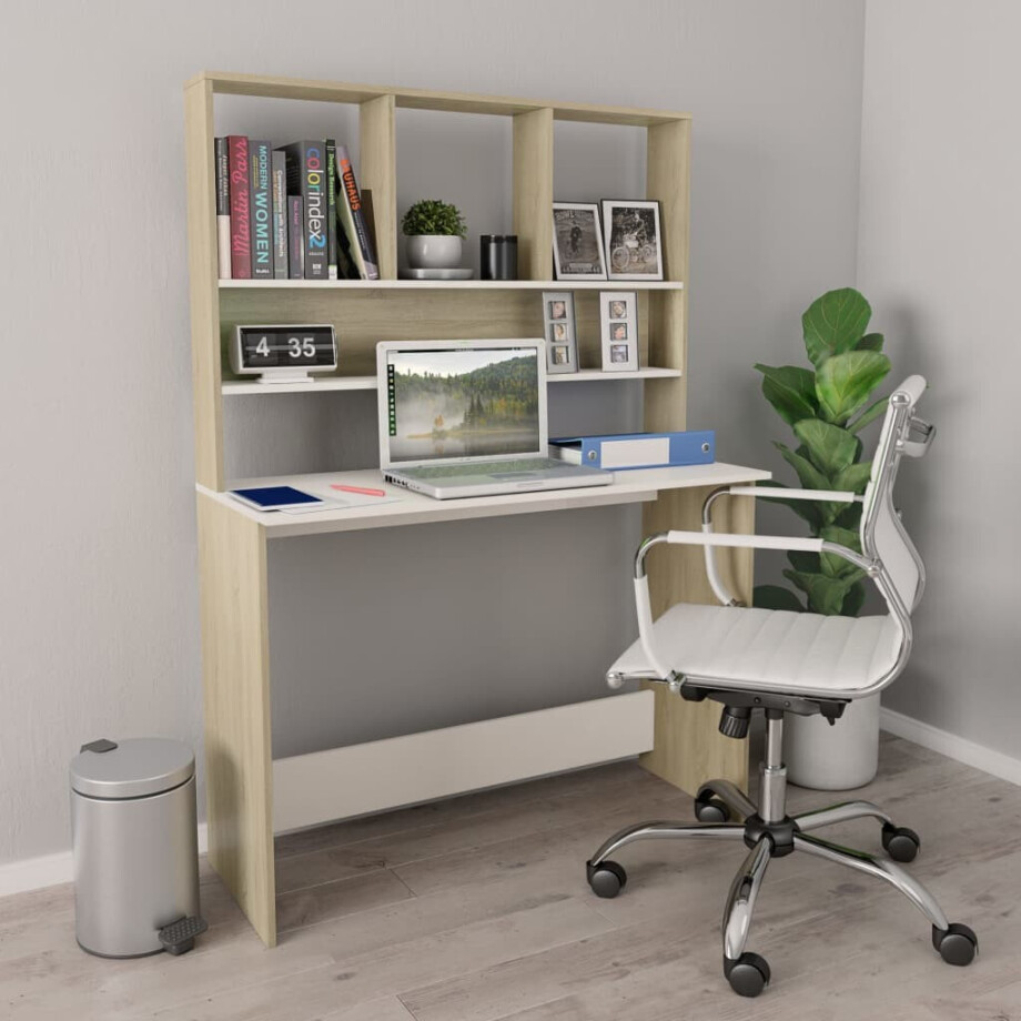 vidaXL Bureau met schappen 110x45x157cm bewerkt hout wit en eikenkleur vidaXL Bureau met schappen 110x45x157cm bewerkt hout wit en eikenkleur afbeelding 1