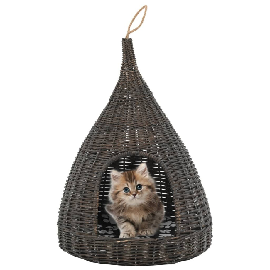 vidaXL Kattenhuis met kussen tipi 40x60 cm natuurlijk wilgen grijs afbeelding 1