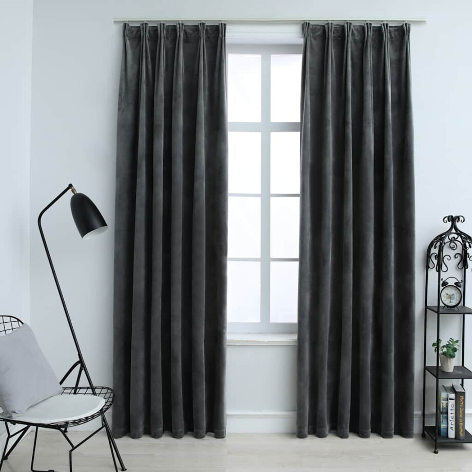vidaXL Gordijnen verduisterend 2 st met haken 140x175 cm fluweel antraciet afbeelding 1