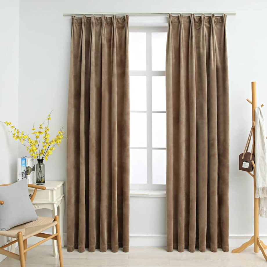vidaXL Gordijnen verduisterend 2 st met haken 140x225 cm fluweel beige afbeelding 1
