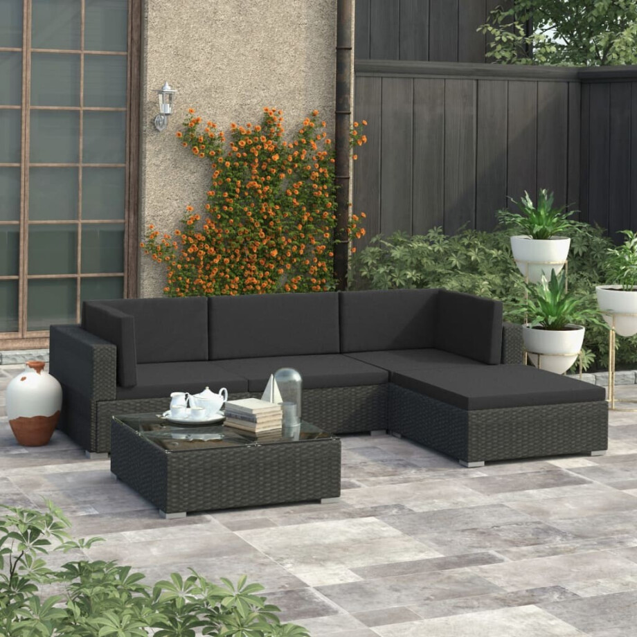 vidaXL 5-delige Loungeset met kussens poly rattan zwart afbeelding 1