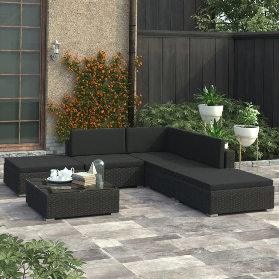 vidaXL 6-delige Loungeset met kussens poly rattan zwart afbeelding 1