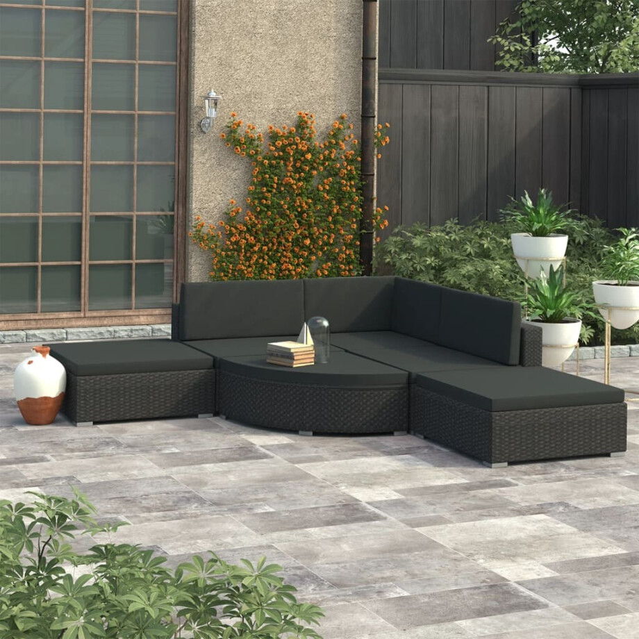 vidaXL 6-delige Loungeset met kussens poly rattan zwart afbeelding 1