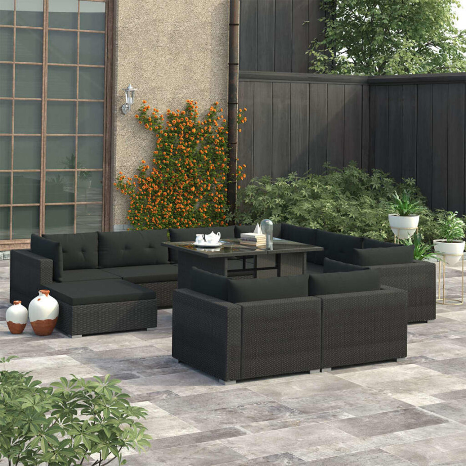 vidaXL 10-delige Loungeset met kussens poly rattan zwart afbeelding 1