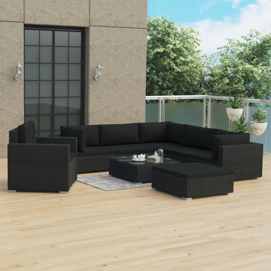 vidaXL 8-delige Loungeset met kussens poly rattan zwart afbeelding 1