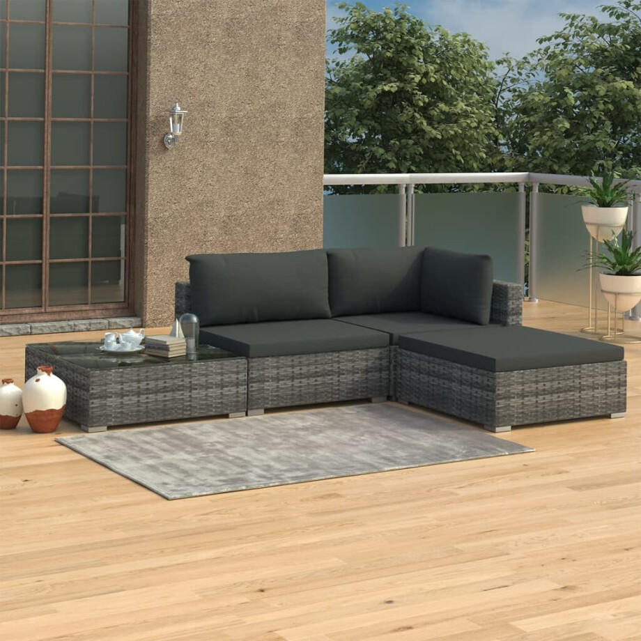 vidaXL 4-delige Loungeset met kussens poly rattan grijs vidaXL 4-delige Loungeset met kussens poly rattan grijs afbeelding 1