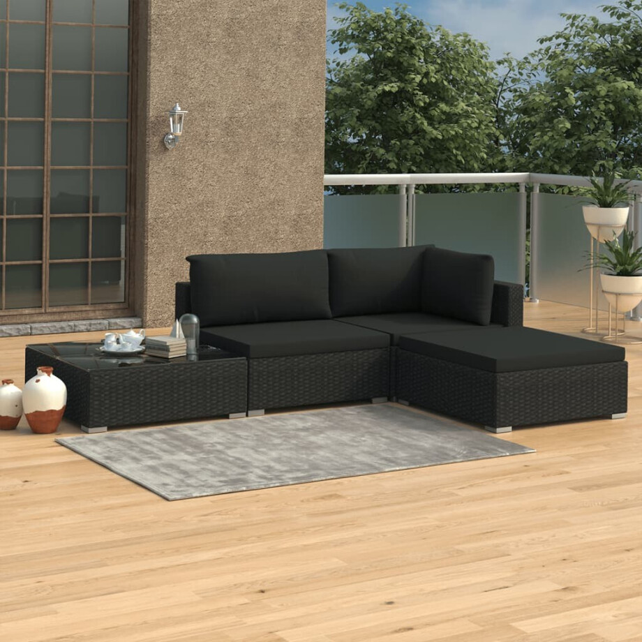 vidaXL 4-delige Loungeset met kussens poly rattan zwart vidaXL 4-delige Loungeset met kussens poly rattan zwart afbeelding 1