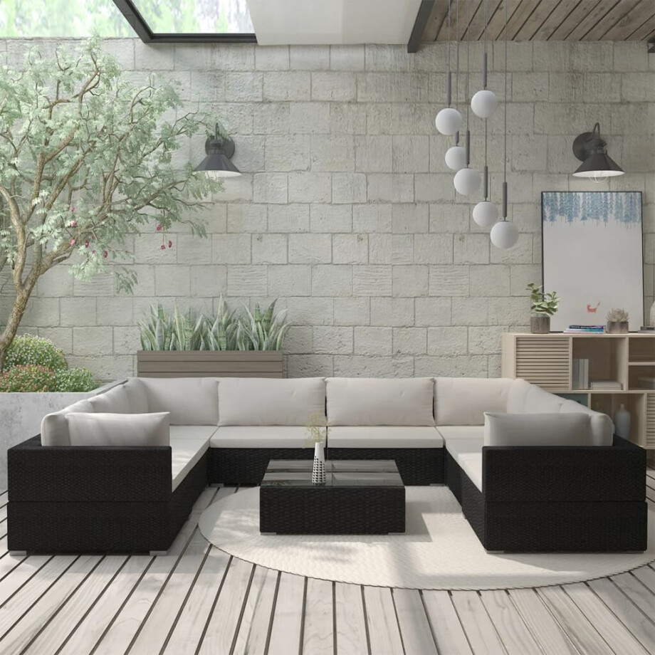vidaXL 9-delige Loungeset met kussens poly rattan zwart afbeelding 1
