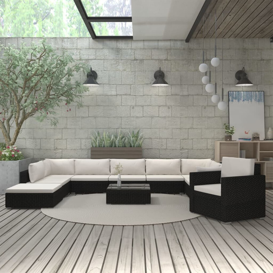 vidaXL 11-delige Loungeset met kussens poly rattan zwart afbeelding 1