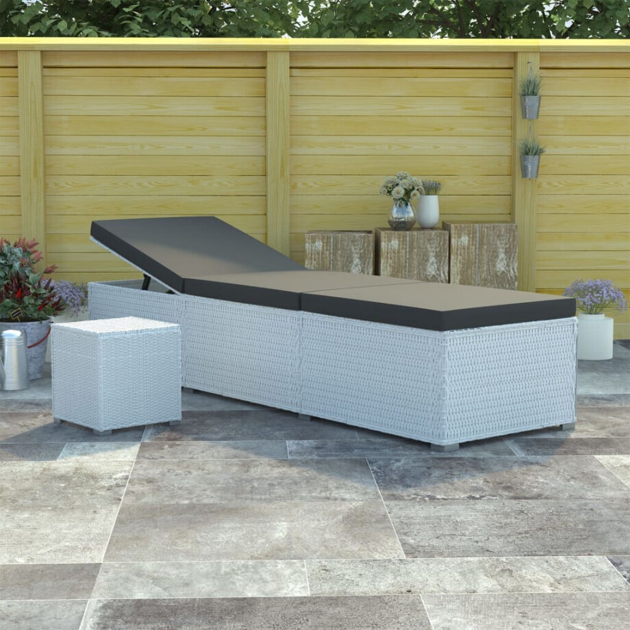 vidaXL Ligbed met kussen en theetafel poly rattan wit afbeelding 1