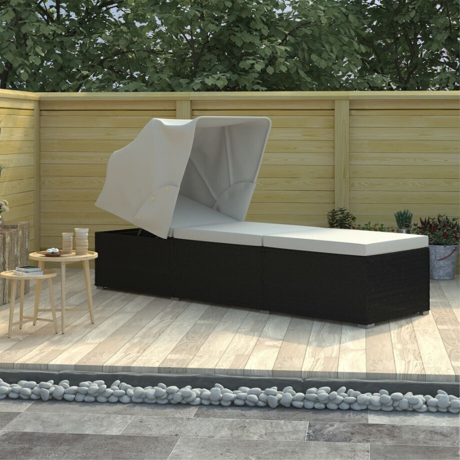 vidaXL Ligbed met luifel en kussen poly rattan crèmewit afbeelding 1