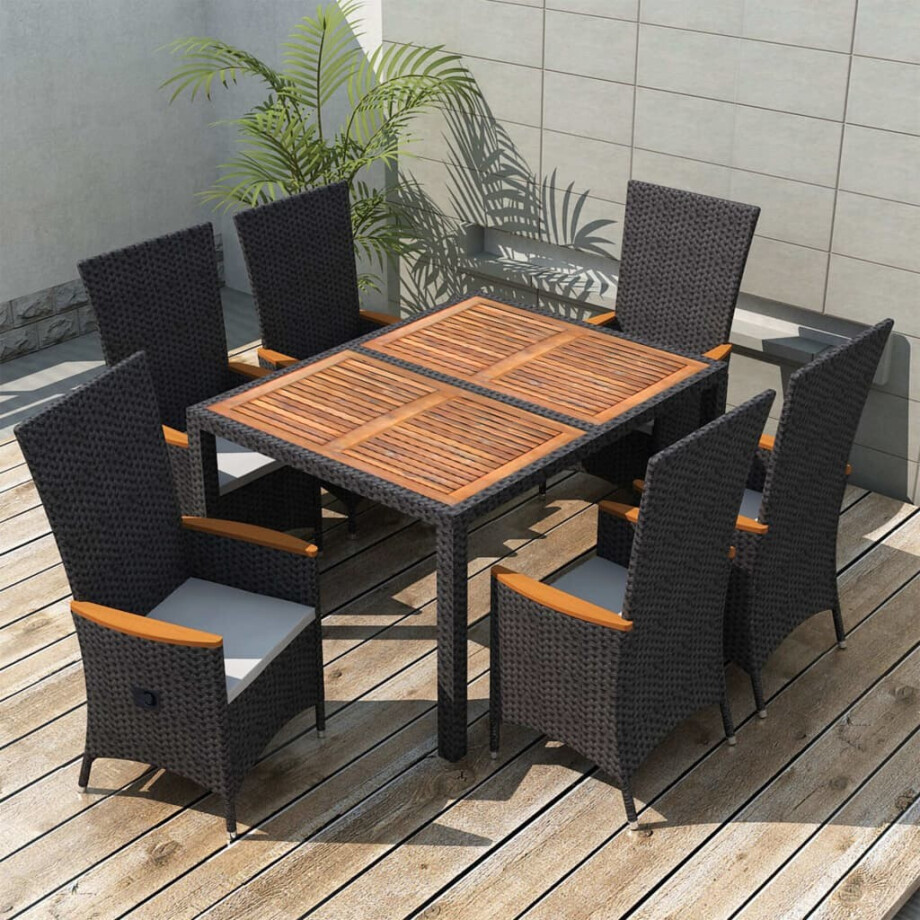 vidaXL 7-delige Tuinset poly rattan acaciahout zwart vidaXL 7-delige Tuinset poly rattan acaciahout zwart afbeelding 1