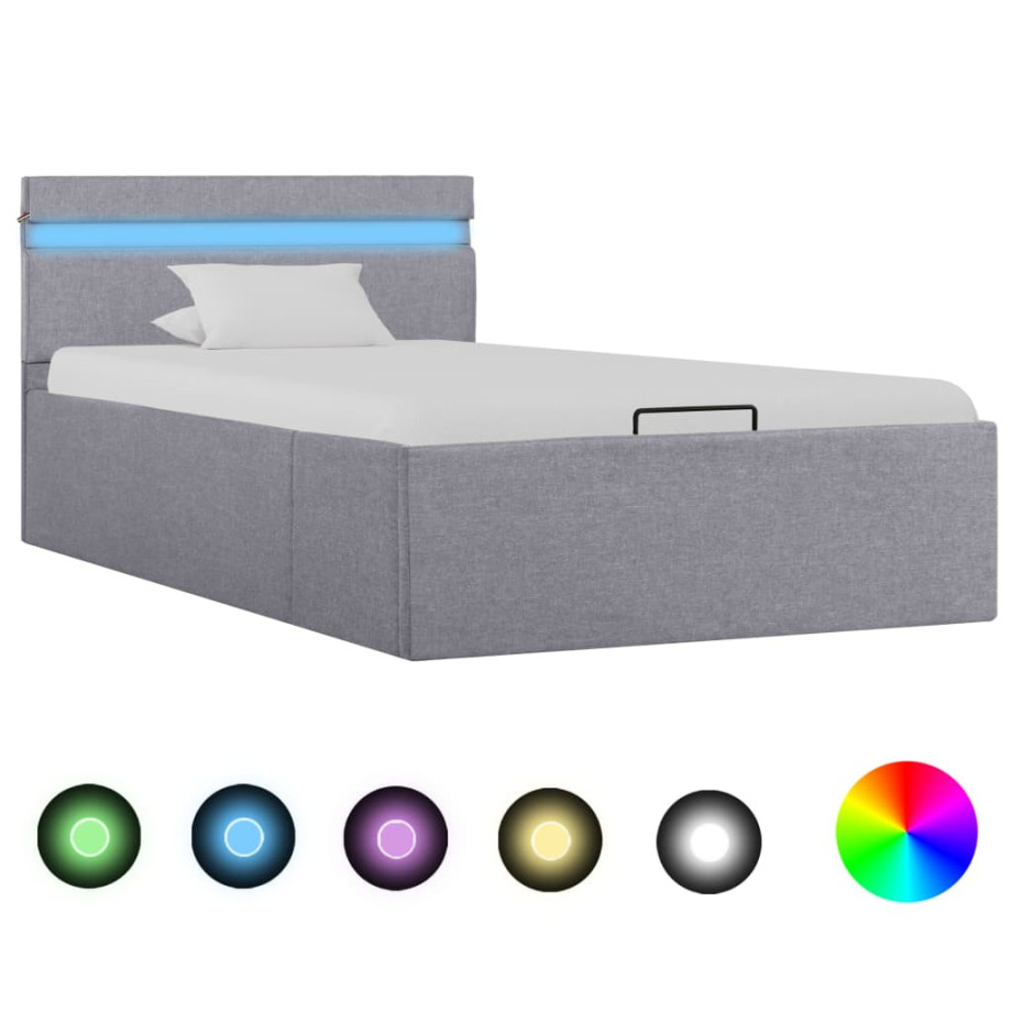 vidaXL Bedframe met opbergruimte en LED stof lichtgrijs 90x200 cm afbeelding 1