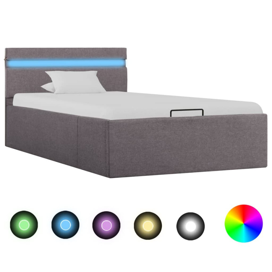 vidaXL Bedframe met hydraulische opslag en LED stof taupe 90x200 cm afbeelding 1