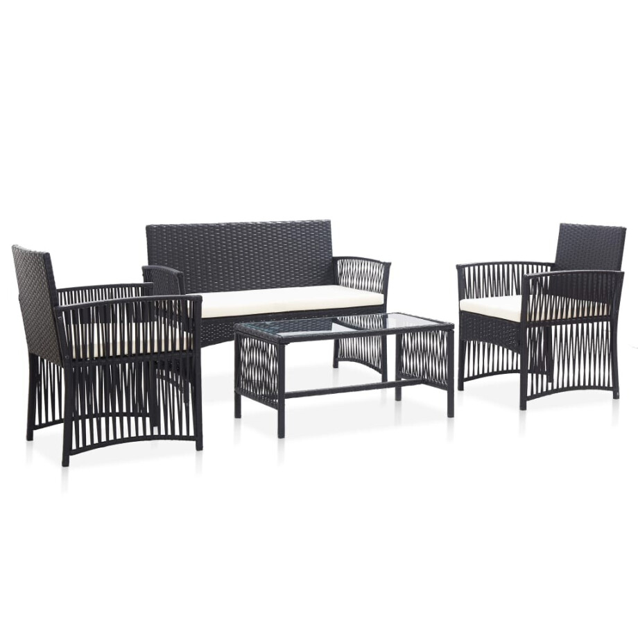 vidaXL 4-delige Loungeset met kussen poly rattan zwart afbeelding 1