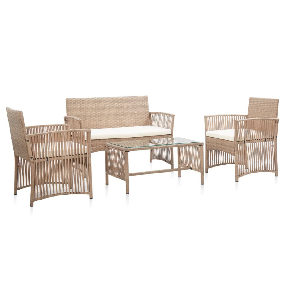 vidaXL 4-delige Loungeset met kussens poly rattan beige afbeelding 1