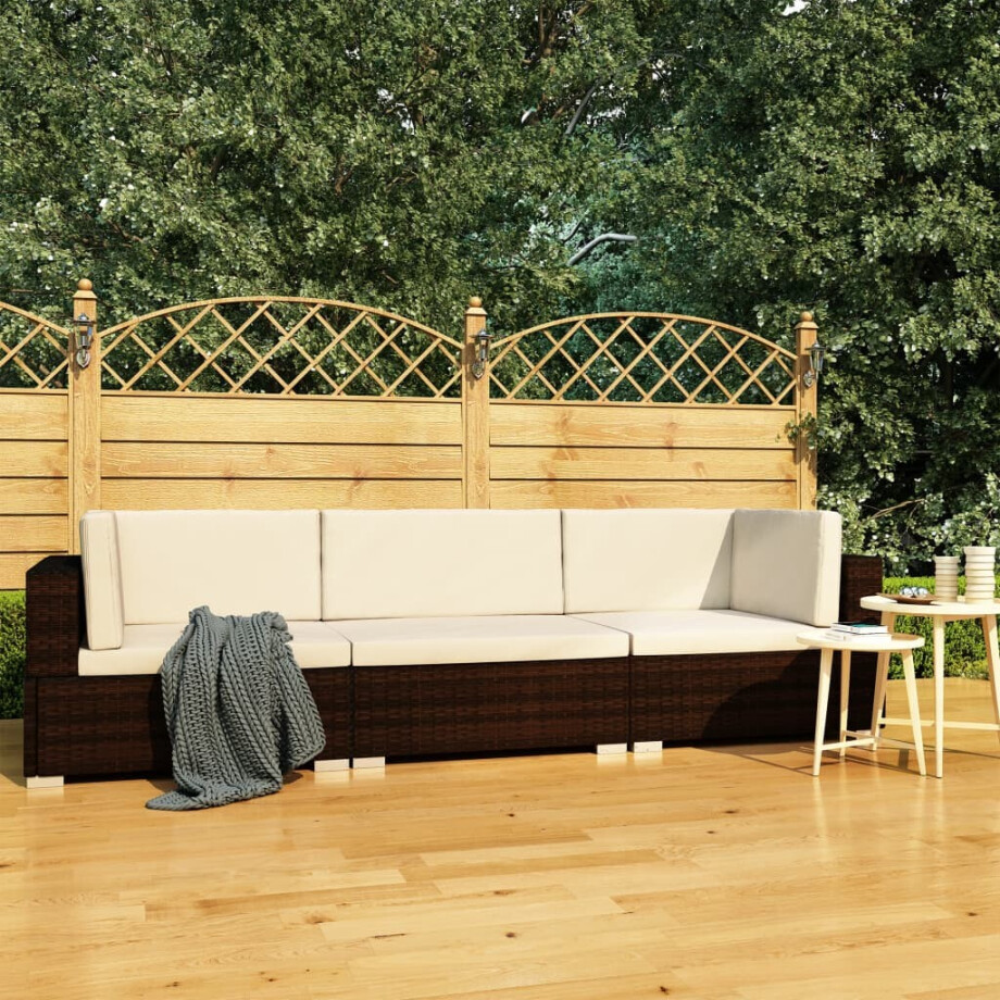vidaXL 3-delige Loungeset met kussens poly rattan bruin vidaXL 3-delige Loungeset met kussens poly rattan bruin afbeelding 1