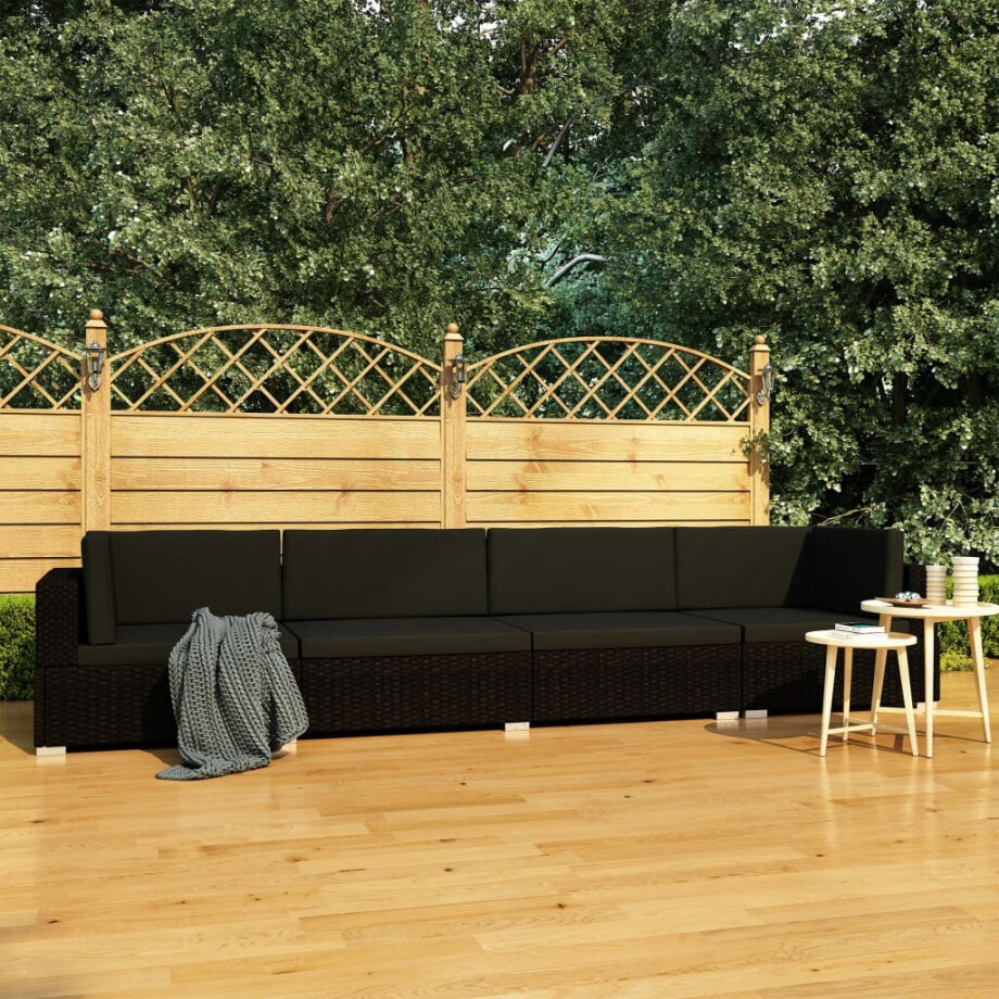 vidaXL 4-delige Loungeset met kussens poly rattan zwart afbeelding 1