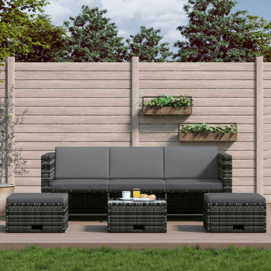 vidaXL 4-delige Loungeset met kussens poly rattan grijs afbeelding 1