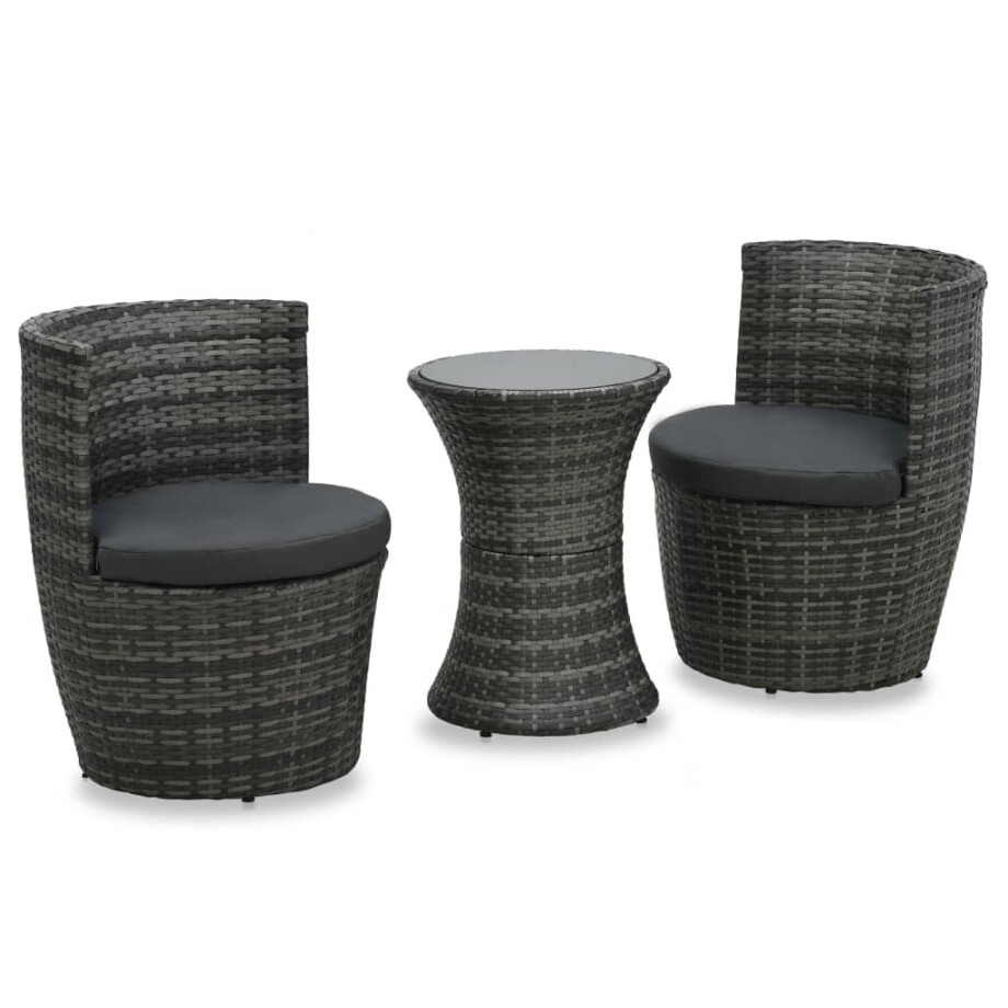 vidaXL 3-delige Bistroset met kussens poly rattan grijs afbeelding 1