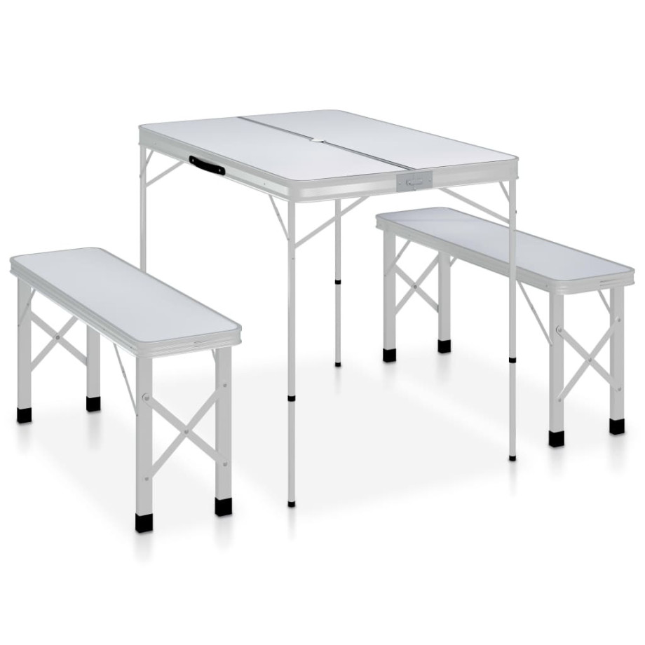 vidaXL Campingtafel inklapbaar met 2 banken aluminium wit afbeelding 1