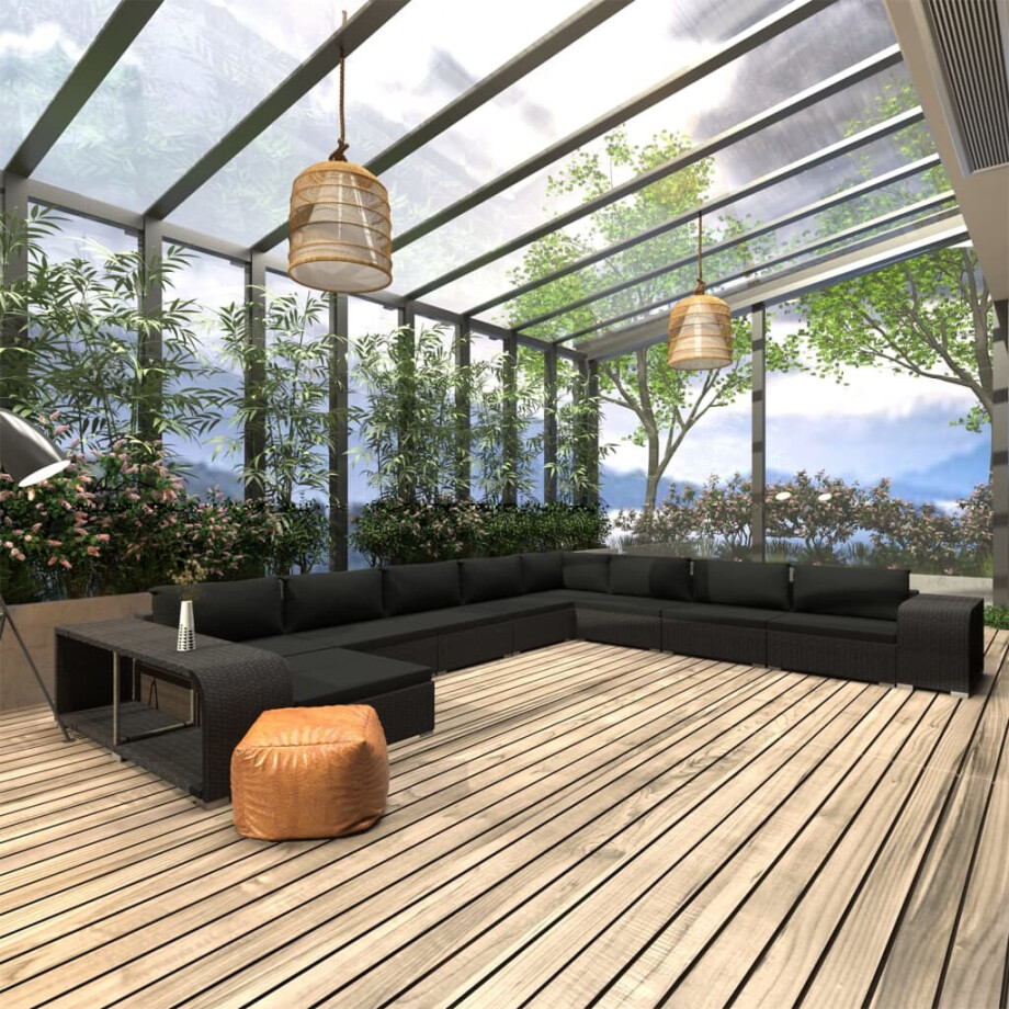 vidaXL 11-delige Loungeset met kussens poly rattan zwart afbeelding 1