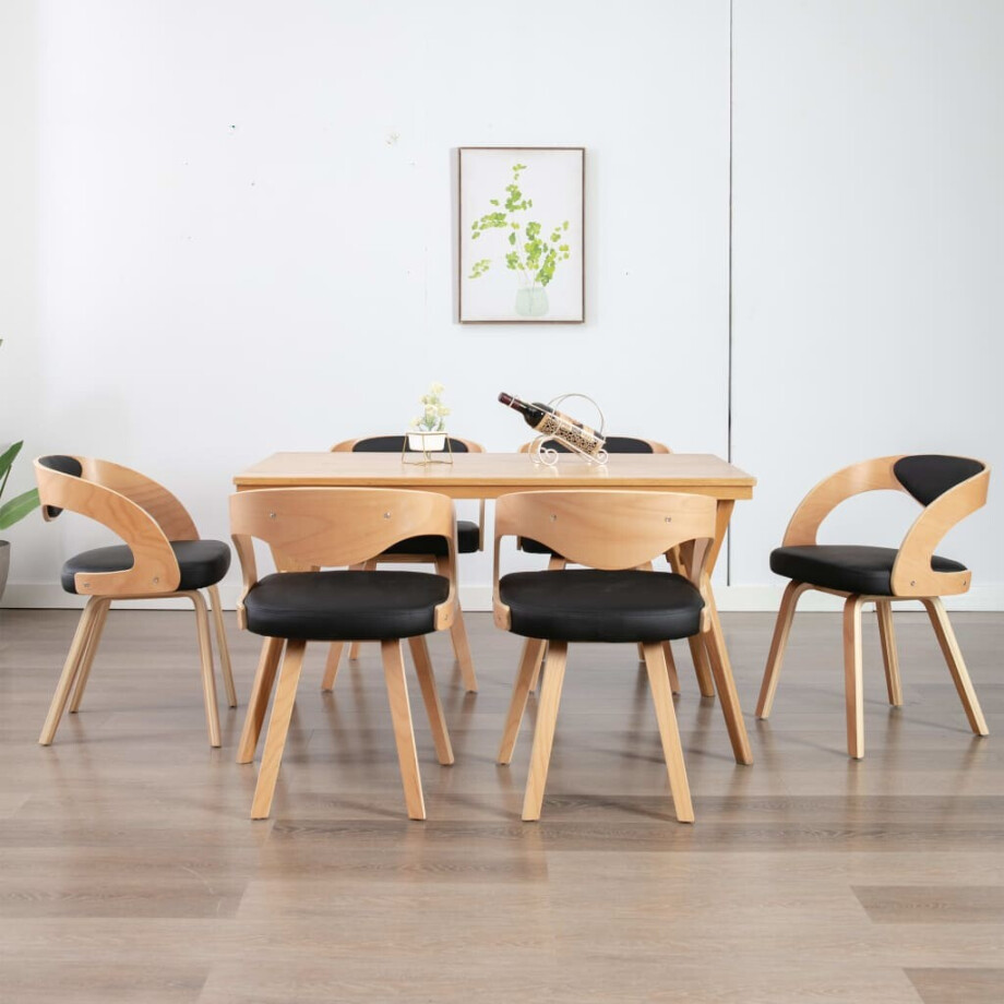 vidaXL Eetkamerstoelen 6 st gebogen hout en kunstleer zwart afbeelding 1