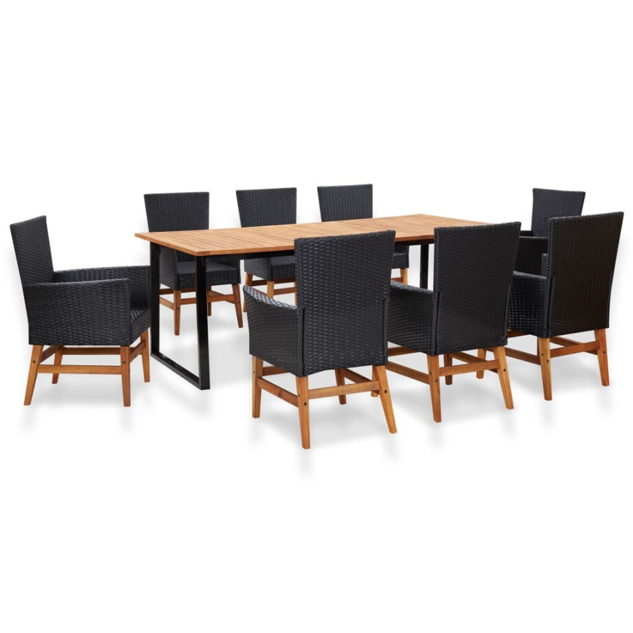 vidaXL 9-delige Tuinset poly rattan en acaciahout zwart afbeelding 1