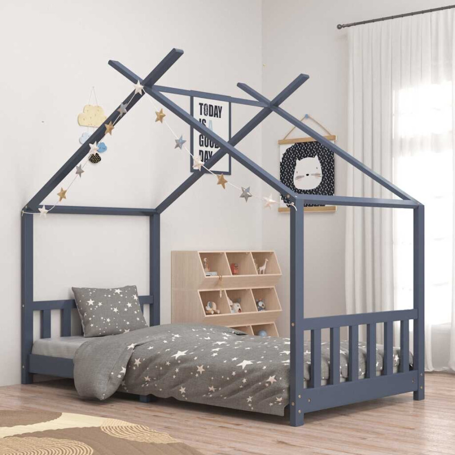 vidaXL Kinderbedframe massief grenenhout grijs 90x200 cm afbeelding 1