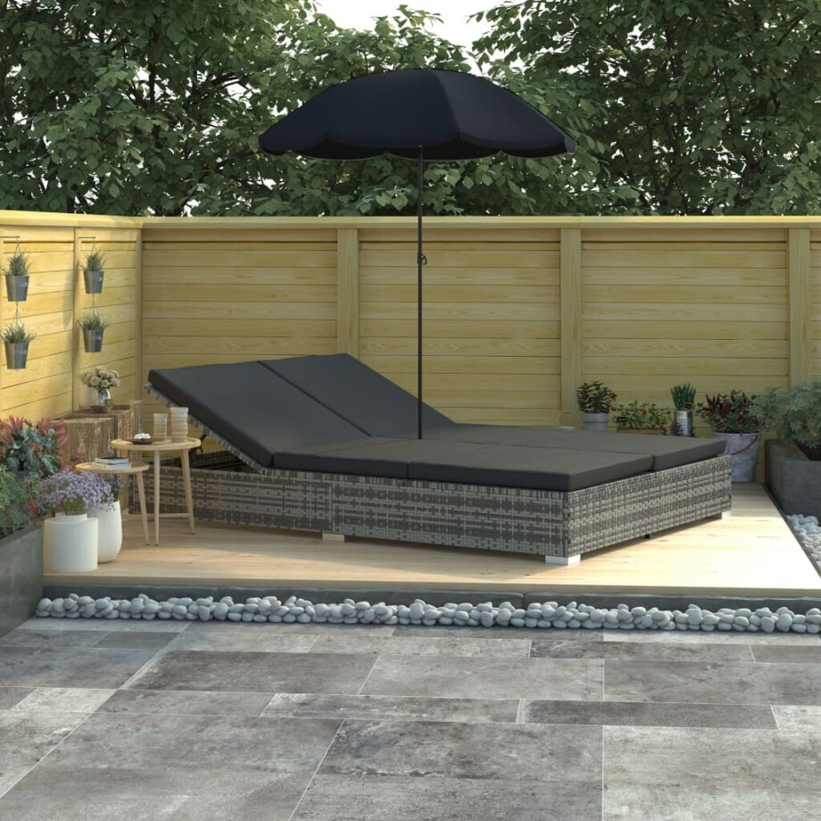 vidaXL Loungebed met parasol poly rattan grijs afbeelding 1