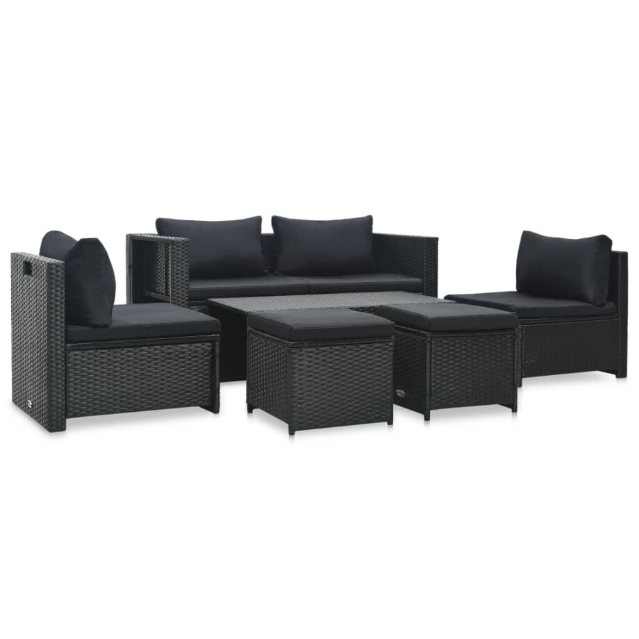 vidaXL 6-delige Loungeset met kussens poly rattan zwart afbeelding 1