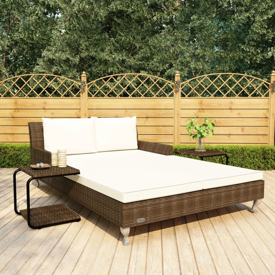 vidaXL Ligbed met kussens 2-persoons poly rattan bruin afbeelding 1