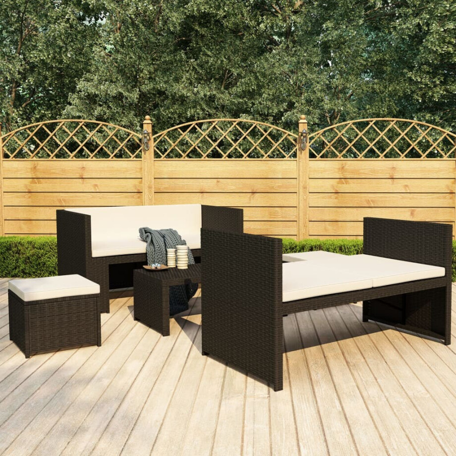vidaXL 5-delige Loungeset met kussens poly rattan zwart afbeelding 1