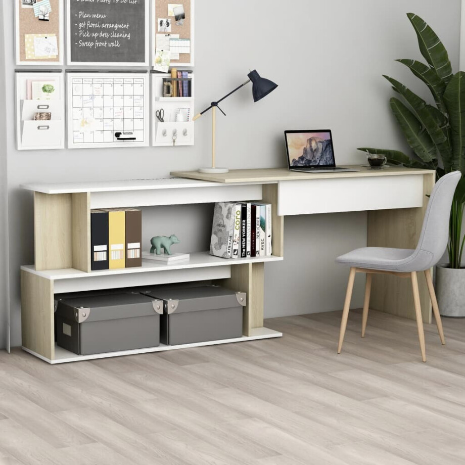 vidaXL Hoekbureau 200x50x76 cm bewerkt hout wit en sonoma eikenkleurig afbeelding 1