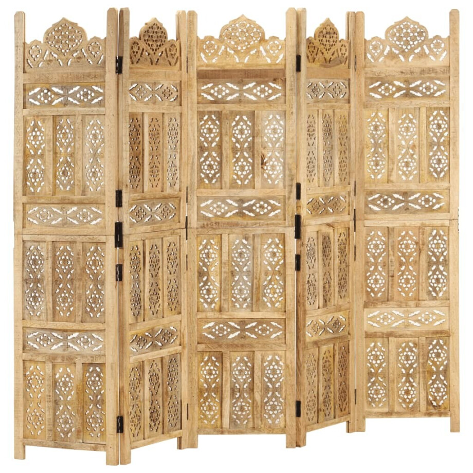 vidaXL Kamerscherm 5 panelen handgesneden 200x165 cm massief mangohout afbeelding 1