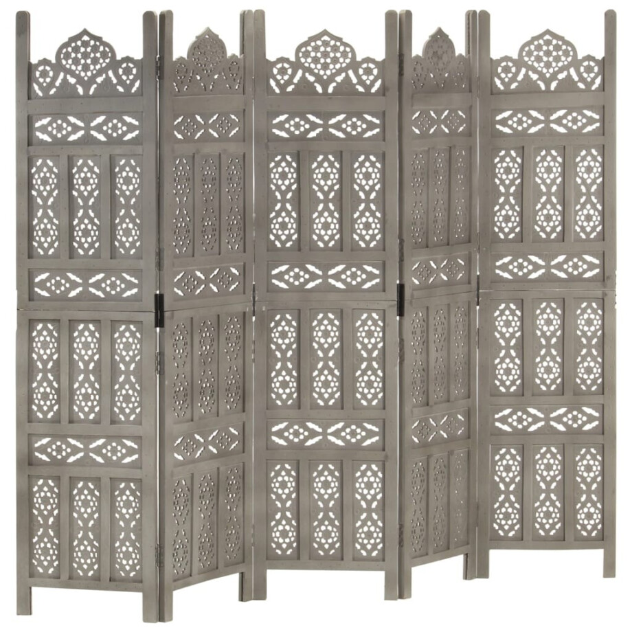 vidaXL Kamerscherm 5 panelen handgesneden 200x165 cm mangohout grijs vidaXL Kamerscherm 5 panelen handgesneden 200x165 cm mangohout grijs afbeelding 1