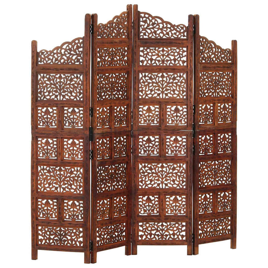 vidaXL Kamerscherm 4 panelen handgesneden 160x165 cm mangohout bruin vidaXL Kamerscherm 4 panelen handgesneden 160x165 cm mangohout bruin afbeelding 1